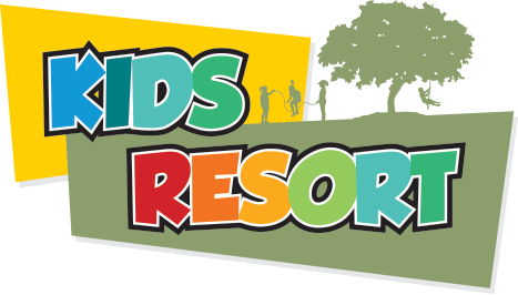 Logo with "Kids Resort" in colorful letters, children silhouette, tree in background.